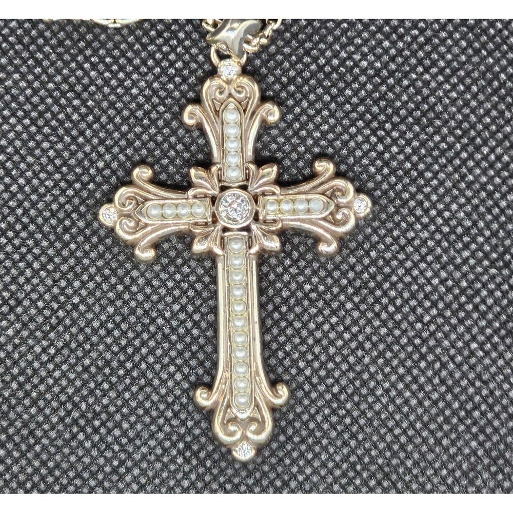 Brighton Cross Crystal Faux Pearl Pendant Long Silver Necklace With Crystal